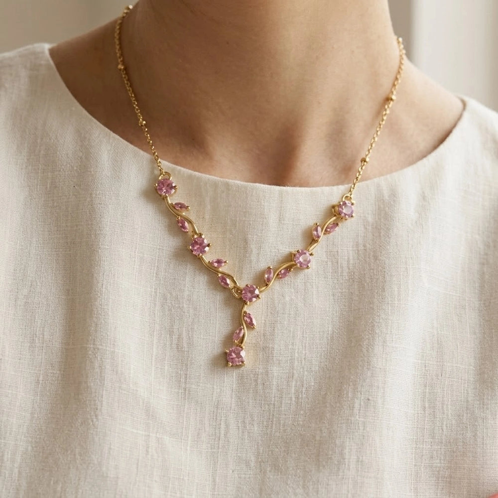 Pink Floral Drop Y-Necklace | Anti-Tarnish Gold Plated