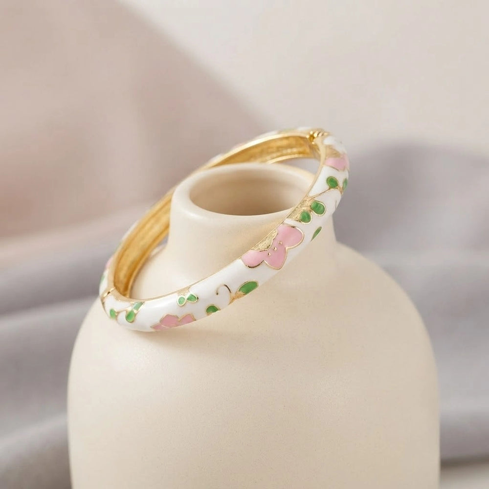 Vintage Floral Enamel Bangle Bracelet - Gold Plated Hinged Kada