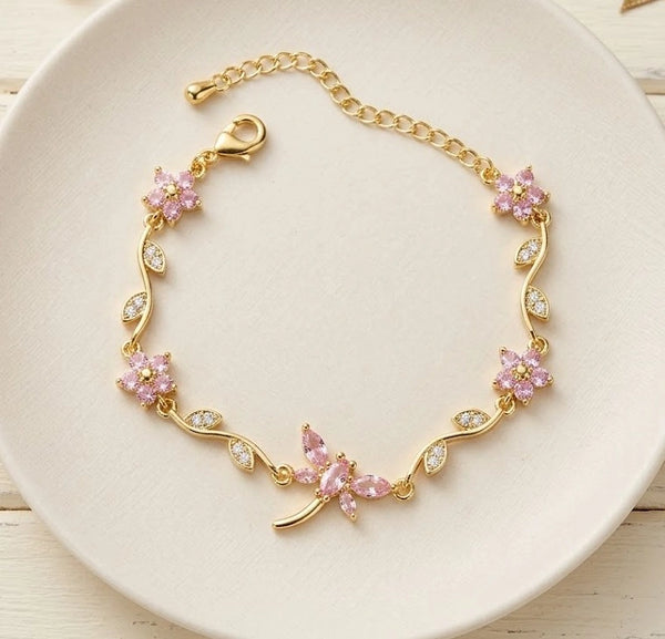 Tulip Pink Flower and Dragonfly Anti Tarnish Gold Plated Bracelet for Women