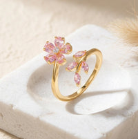 Pink Floral Leaf Adjustable Ring - High Quality Gold Fashion Jewelry
