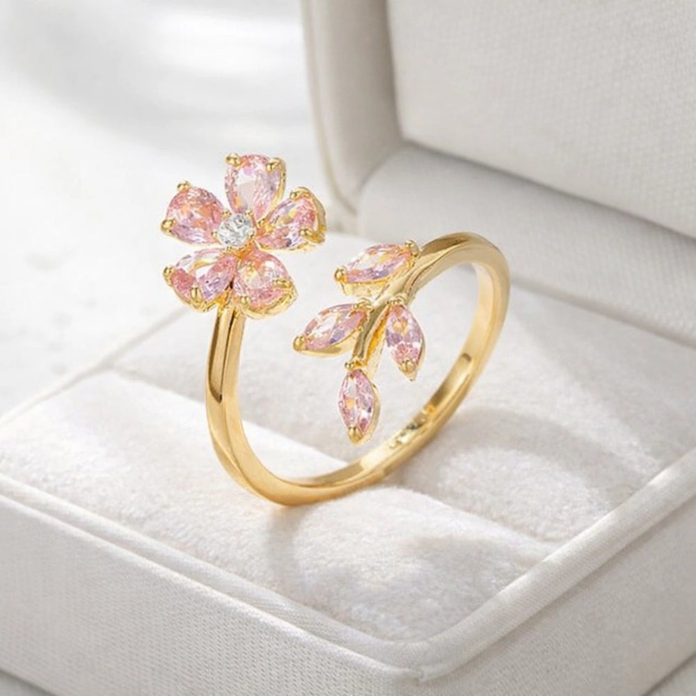 Pink Floral Leaf Adjustable Ring - High Quality Gold Fashion Jewelry