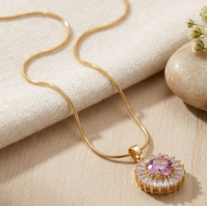 Pink Halo Pendant Necklace - Anti-Tarnish Gold Plated