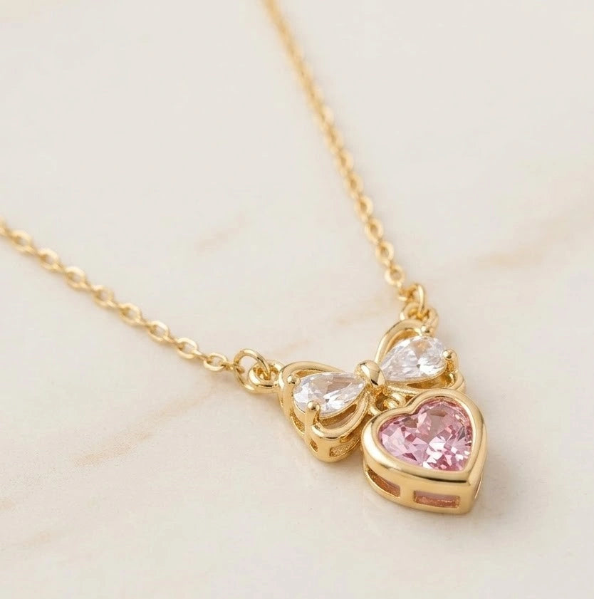 Pink Heart & Crystal Bow Pendant Necklace | Anti-Tarnish Gold Plated
