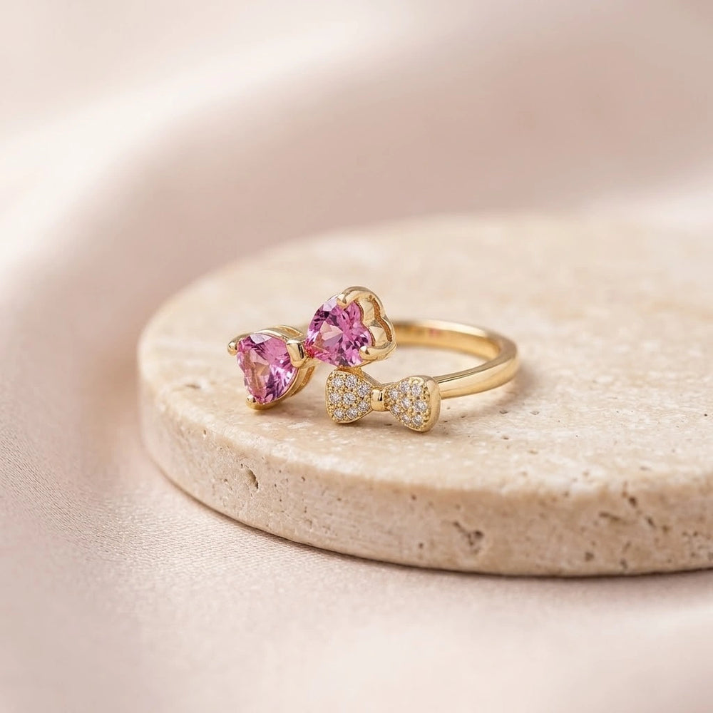 Pink Heart Bow Ring - Anti-Tarnish Gold Plated Adjustable Ring