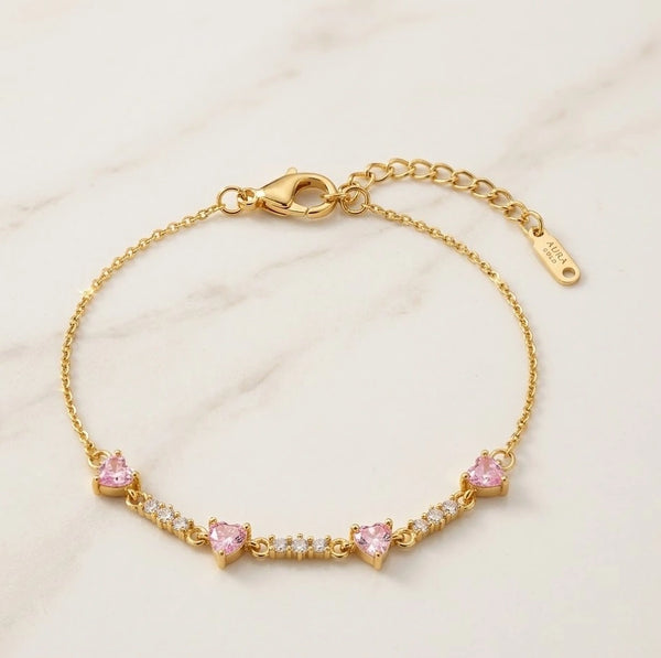 Pink Heart Charm Bracelet | Anti-Tarnish Gold-Plated Fashion Jewelry