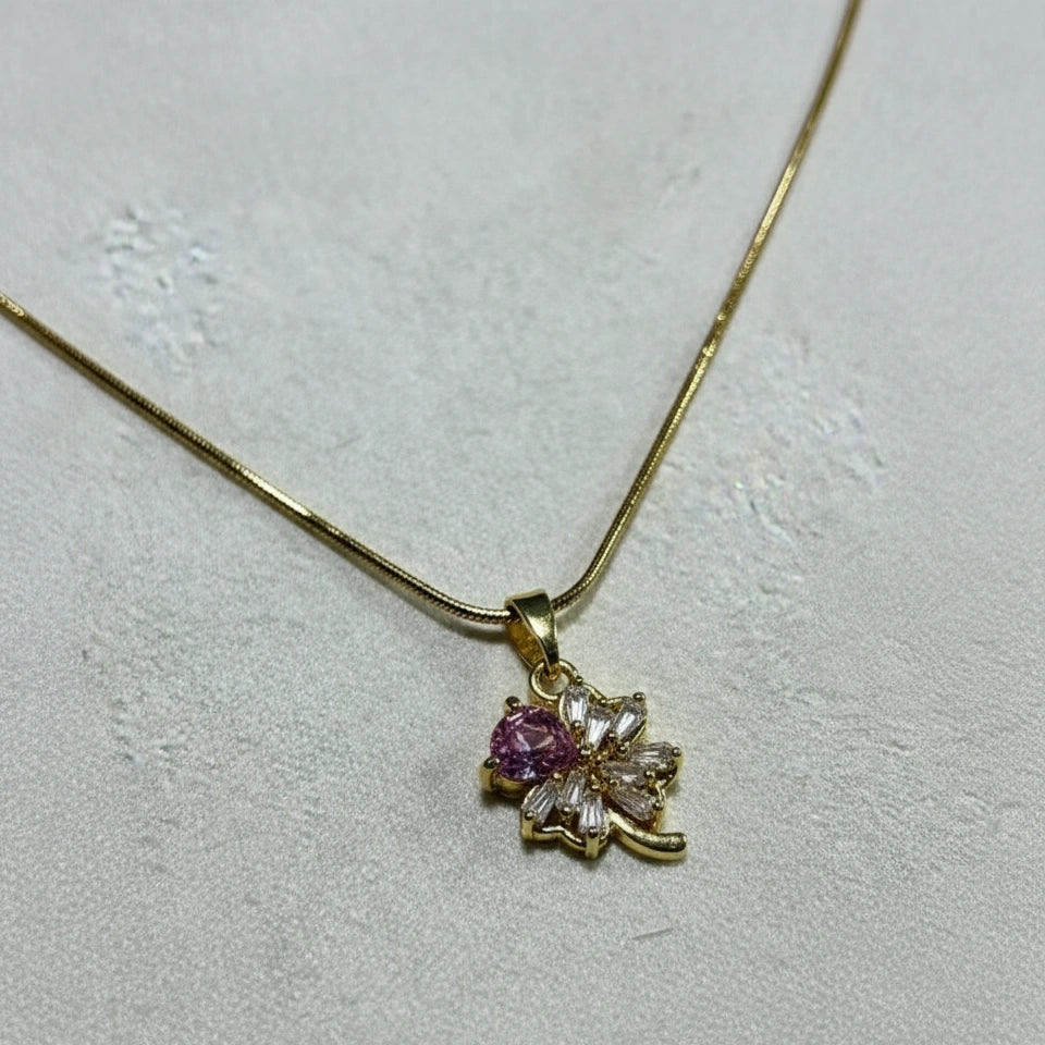 Pink Heart Clover Pendant Necklace | Anti-Tarnish Gold Plated Jewelry