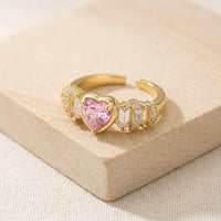 Pink Heart Crystal Adjustable Ring - Anti Tarnish Gold Plated