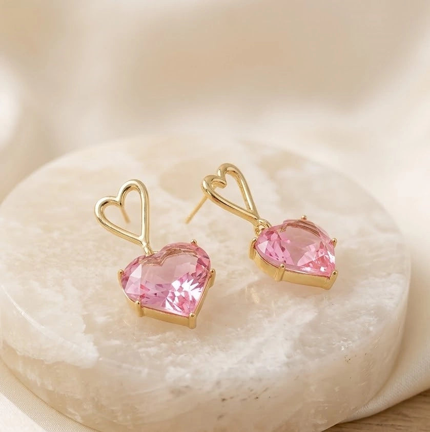 Pink Crystal Heart Drop Earrings