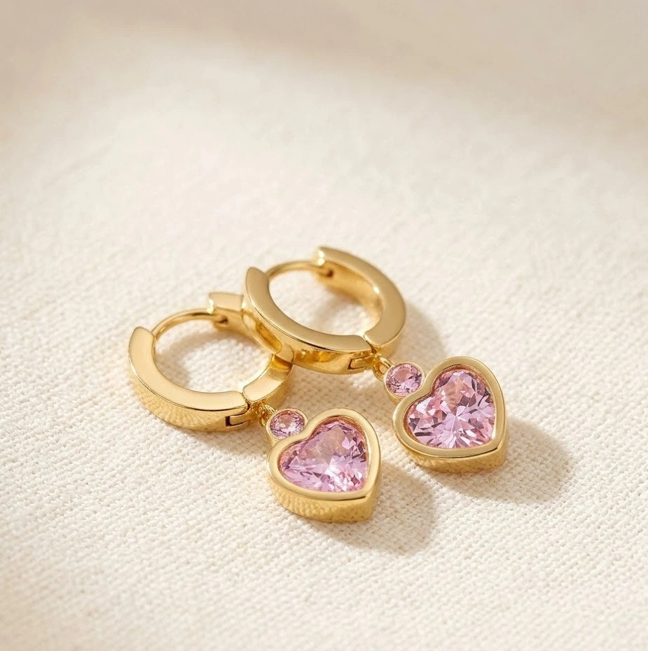 Pink Heart Drop Huggie Hoop Earrings - Anti Tarnish