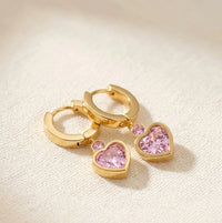 Pink Heart Drop Huggie Hoop Earrings - Anti Tarnish