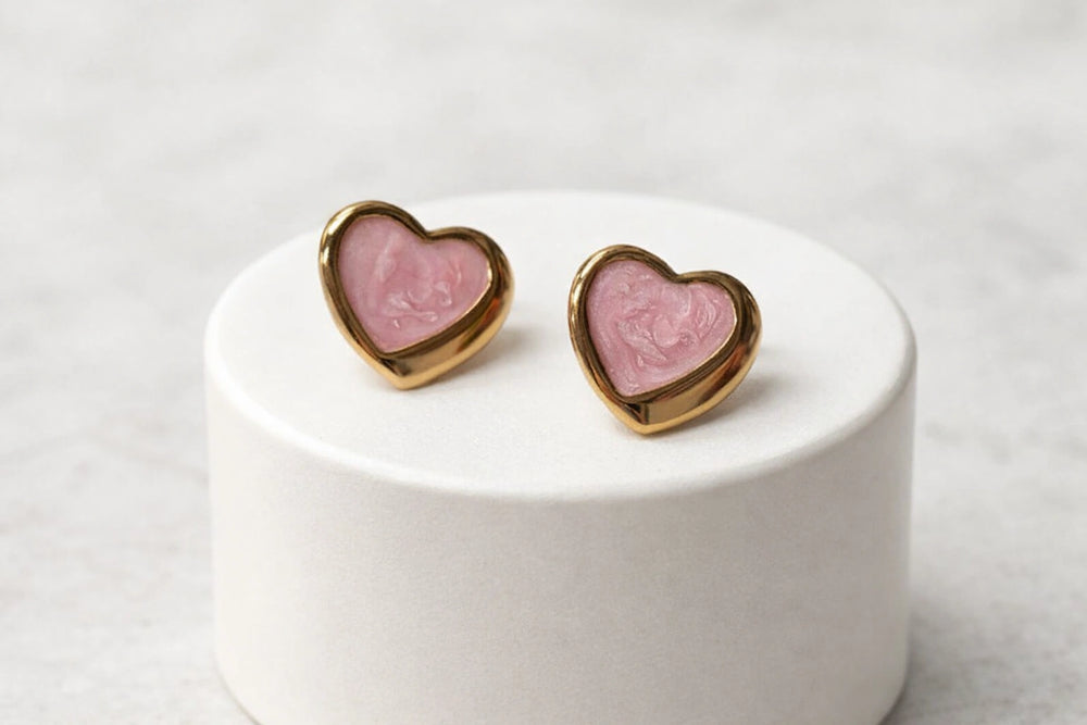 Pink Enamel Heart Stud Earrings with Gold Finish