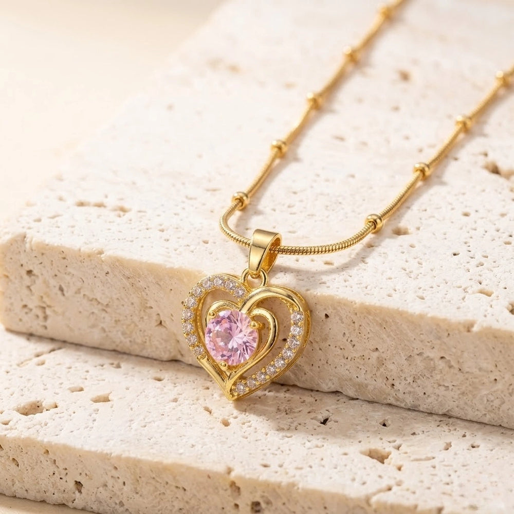Dainty Pink Heart Pendant Anti-Tarnish Gold Plated Necklace