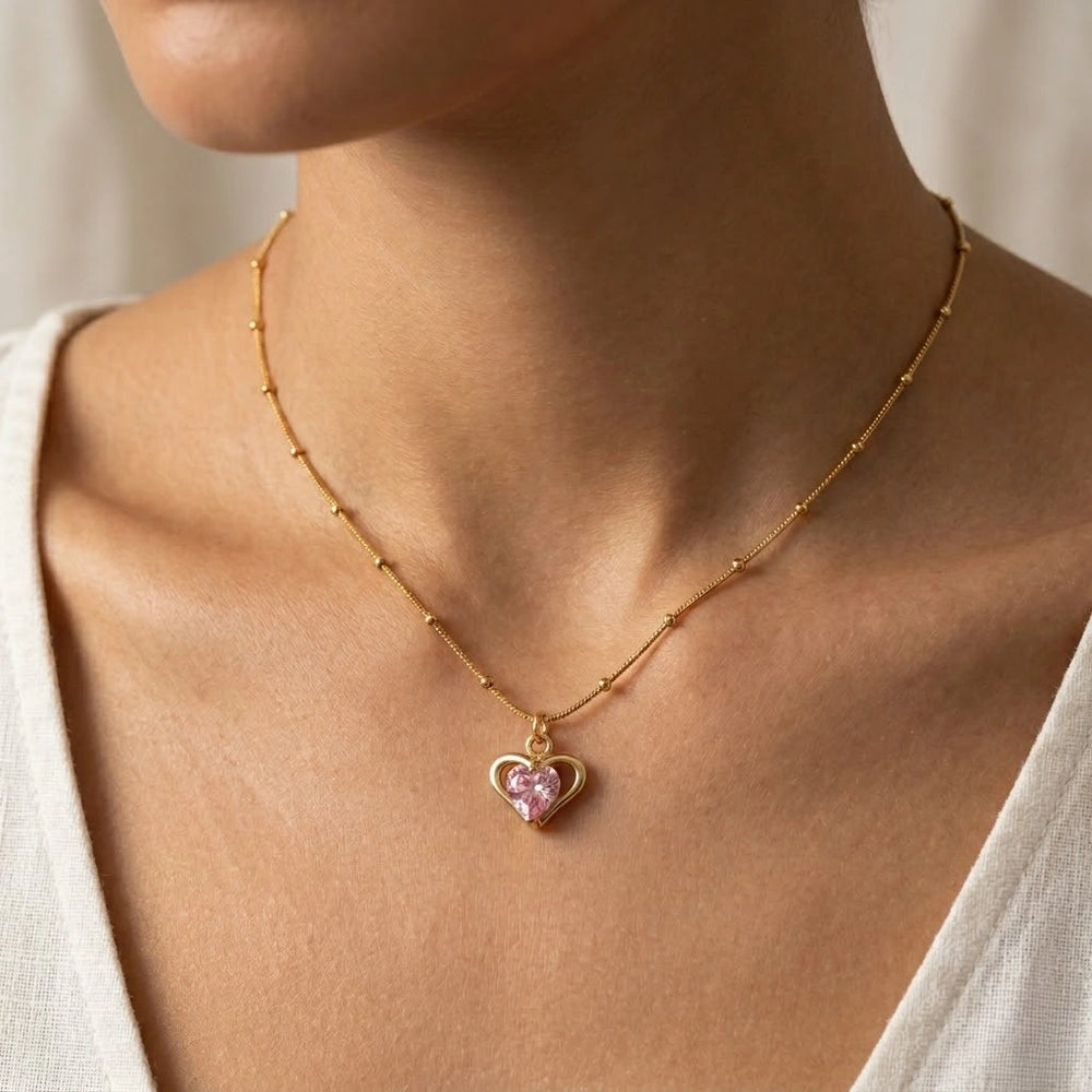 Pink Heart Pendant Necklace - Anti-Tarnish Gold Plated