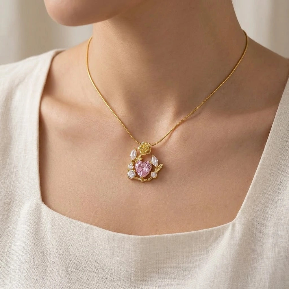 Pink Heart & Rose Floral Pendant Necklace - Anti Tarnish Gold Plated
