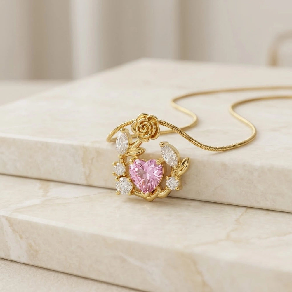 Pink Heart & Rose Floral Pendant Necklace - Anti Tarnish Gold Plated