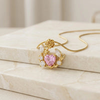 Pink Heart & Rose Floral Pendant Necklace - Anti Tarnish Gold Plated