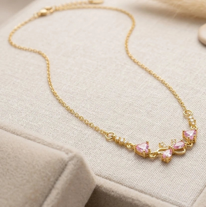 Anti-Tarnish Pink Bow Dainty Necklace - Gold Plated Korean Style