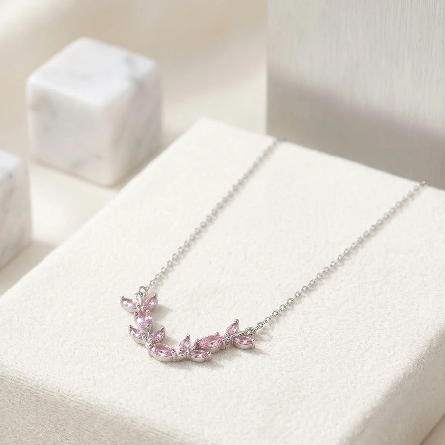 Pink Floral Vine Anti-Tarnish Necklace | Minimalist Leaf Design