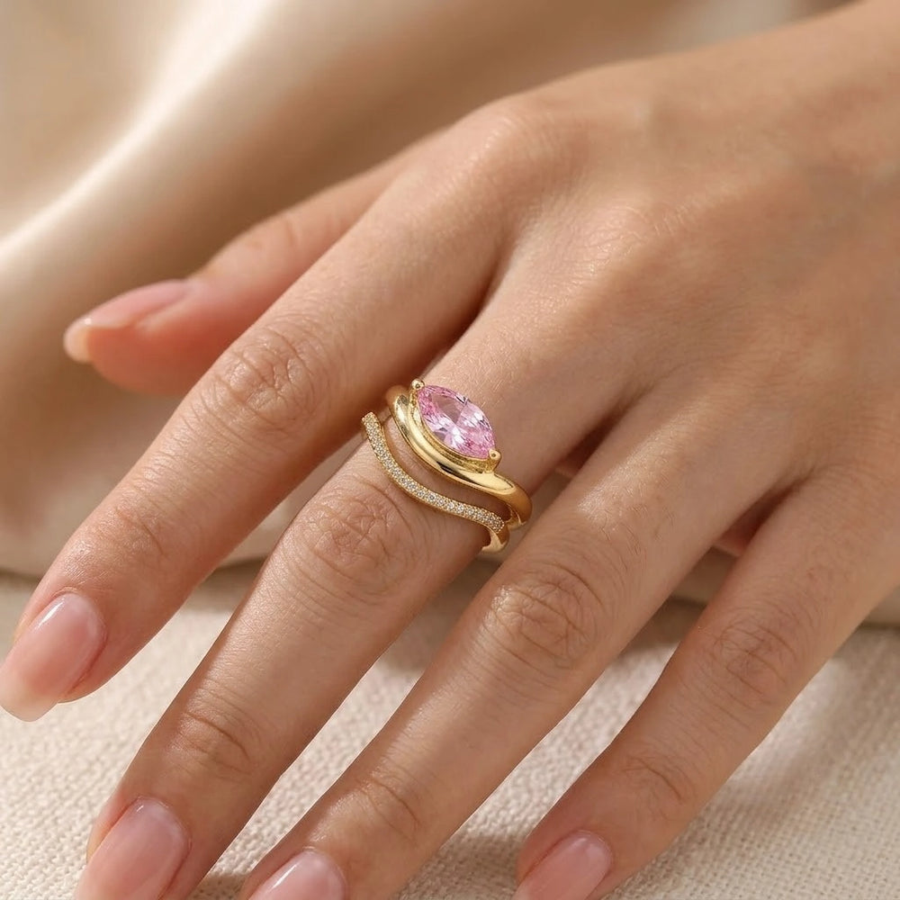 Pink Marquise Crystal Wave Ring – Anti Tarnish  Gold Plated Adjustable Ring