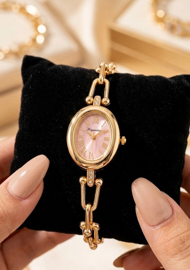 Moncheri Luxury Pastel Pink Oval Anti-Tarnish Gold Plated Chain Link Watch