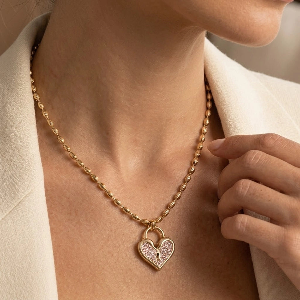 Pink Heart Lock Necklace - Anti-Tarnish Gold Plated Beaded Chain