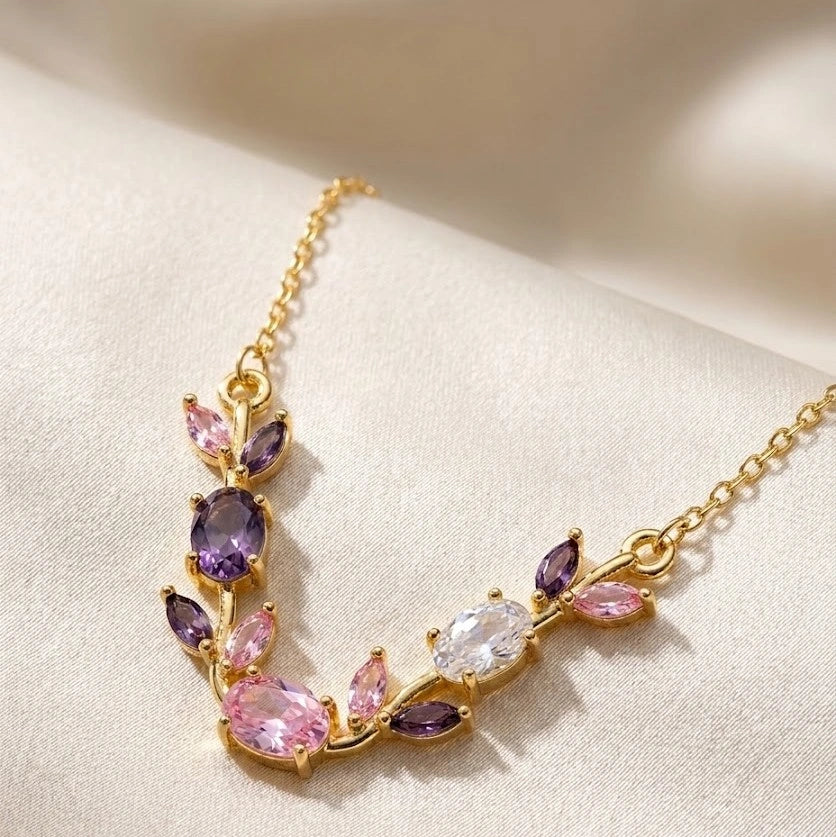 Tulip Floral Vine Crystal Necklace & Bracelet Set | Pink & Purple Stones | Anti-Tarnish