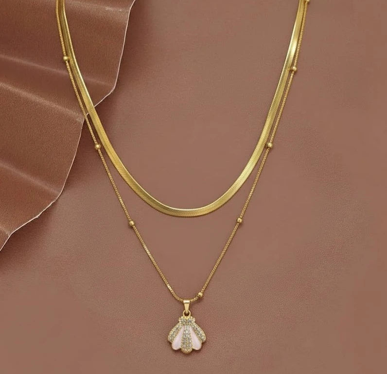 Pink Shell Pendant Double Layer Necklace | Anti-Tarnish Gold Plated Snake Chain