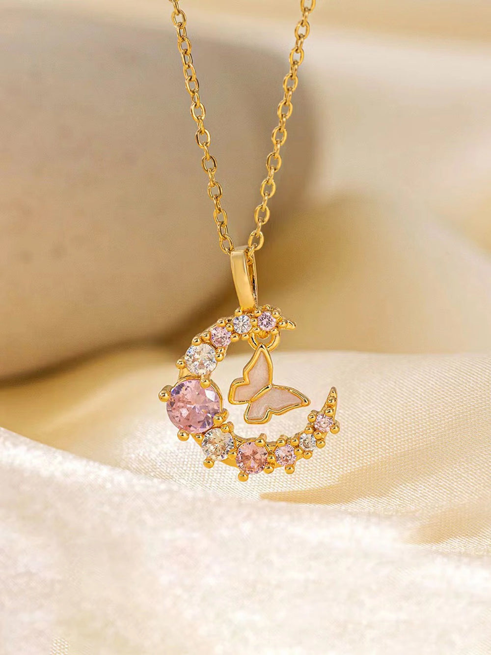 Moon & Butterfly Anti-Tarnish Gold Plated Necklace | Dainty Pink Stone Pendant