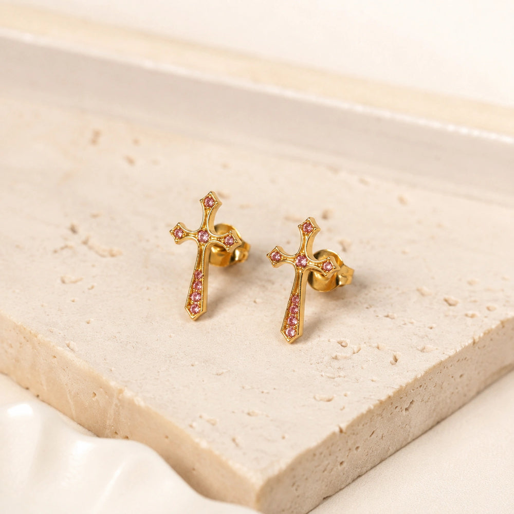 Pink Stone Cross Stud Earrings | Anti-Tarnish Gold Plated