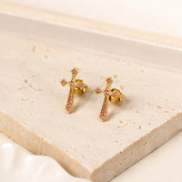 Pink Stone Cross Stud Earrings | Anti-Tarnish Gold Plated