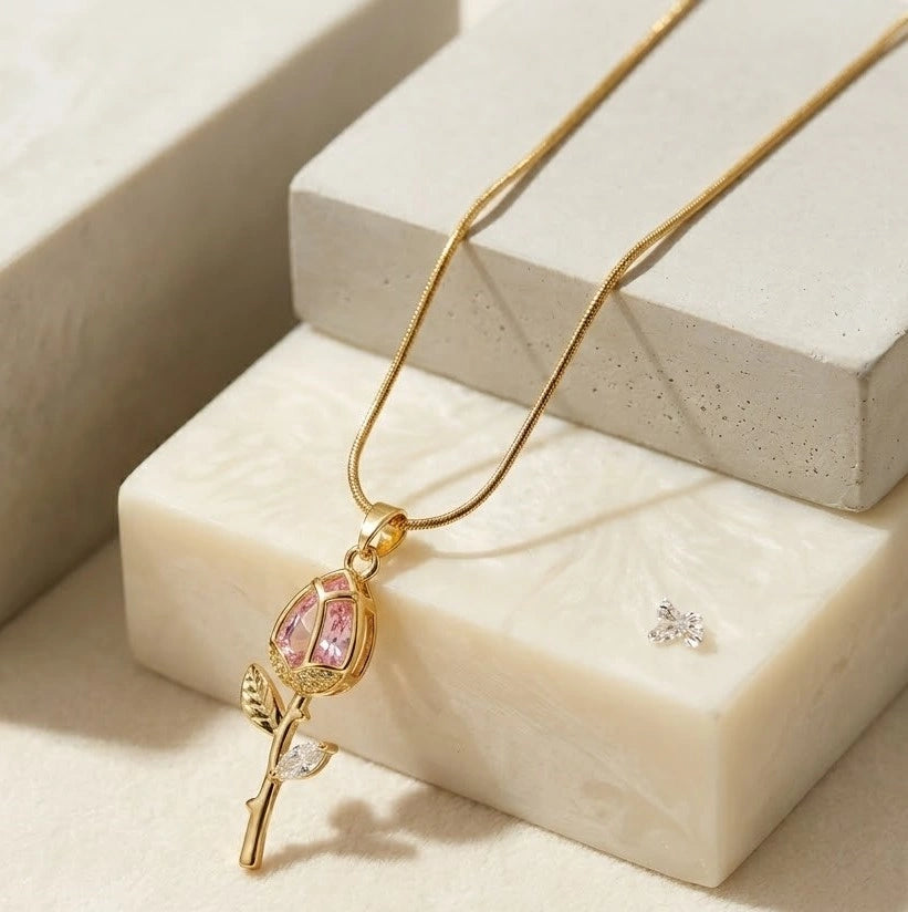 Pink Tulip Crystal Floral Pendant | Anti-Tarnish Gold Plated Necklace