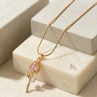 Pink Tulip Crystal Floral Pendant | Anti-Tarnish Gold Plated Necklace