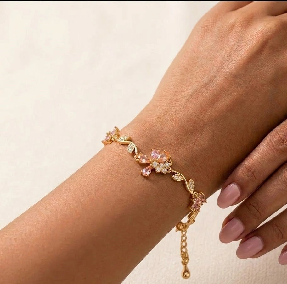 Floral Vine Pink Crystal Bracelet | Anti-Tarnish Gold Plated
