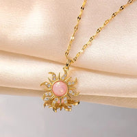 Anti Tarnish Gold Plated Sunburst Necklace with Pink Stone