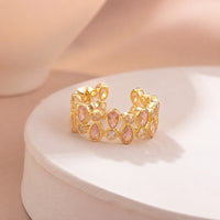 Pink Teardrop Crystal Adjustable Ring - Anti Tarnish Gold Plated