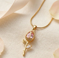 Pink Tulip Crystal Floral Pendant | Anti-Tarnish Gold Plated Necklace