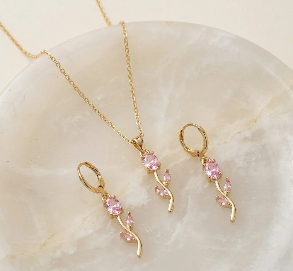 Pink Tulip Floral Necklace Set | Anti-Tarnish Gold Plated