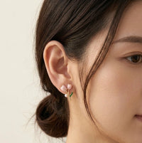Tulip Flower Pink Enamel Earrings with Pearl Accents - High Quality Fashion Jewelry