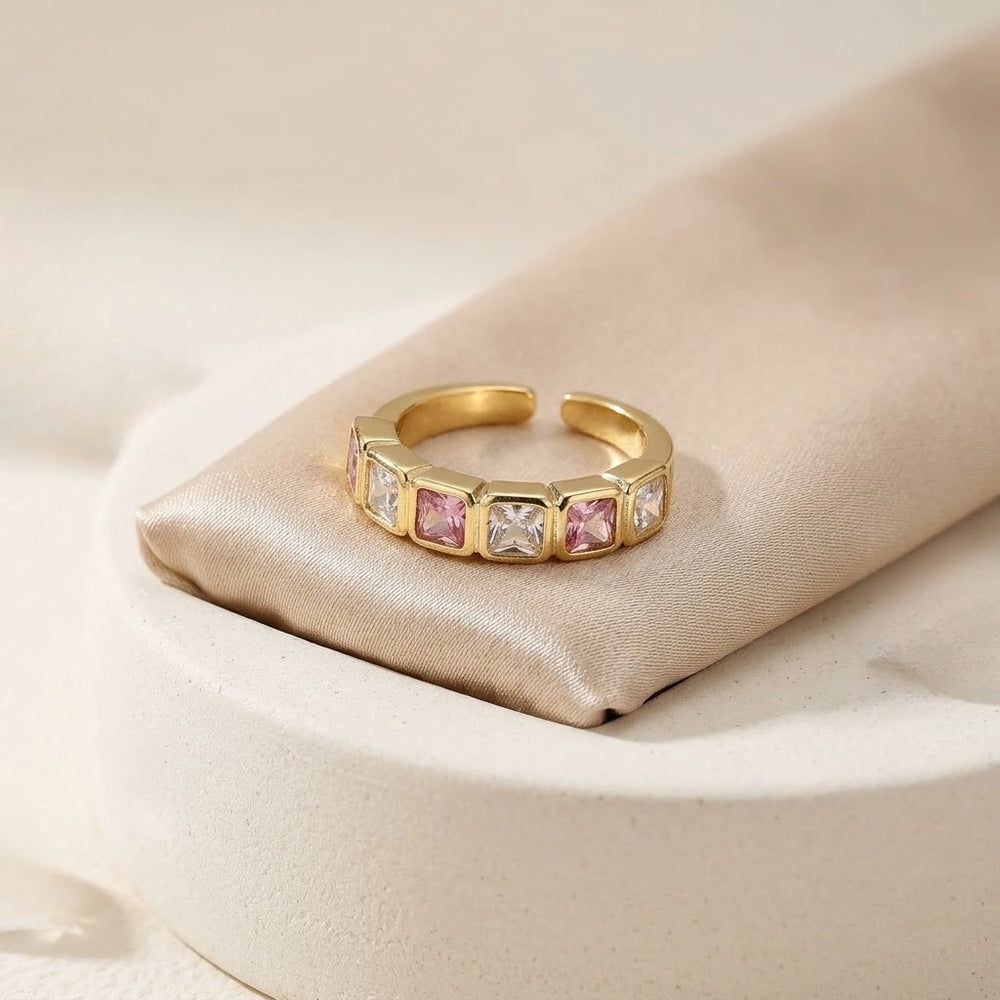 Pink & White Stone Adjustable Ring - Anti-Tarnish Gold Plated