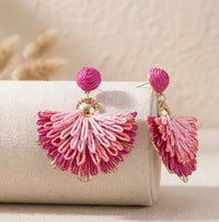 Pink Boho Woven Fan Tassel Statement Earrings
