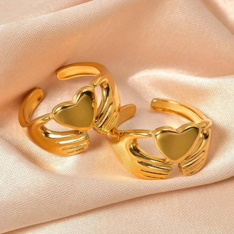 Hugging Hands Heart Gold Plated Ring – Anti-Tarnish & Adjustable Korean Style Band