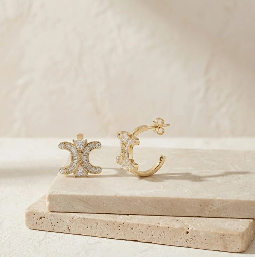 Crystal C-Shape Stud Earrings in Gold | High-Quality Fashion Jewelry
