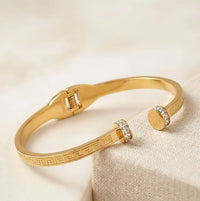 Greek Key Anti-Tarnish Gold Plated Open Cuff Bracelet with Sparkle Stones