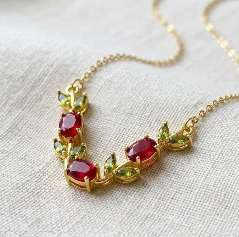 Tulip Floral Red & Green Stone Anti-Tarnish Necklace
