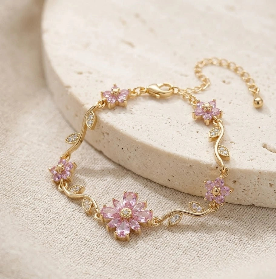Pink Floral Vine Anti-Tarnish Gold-Plated Bracelet for Women