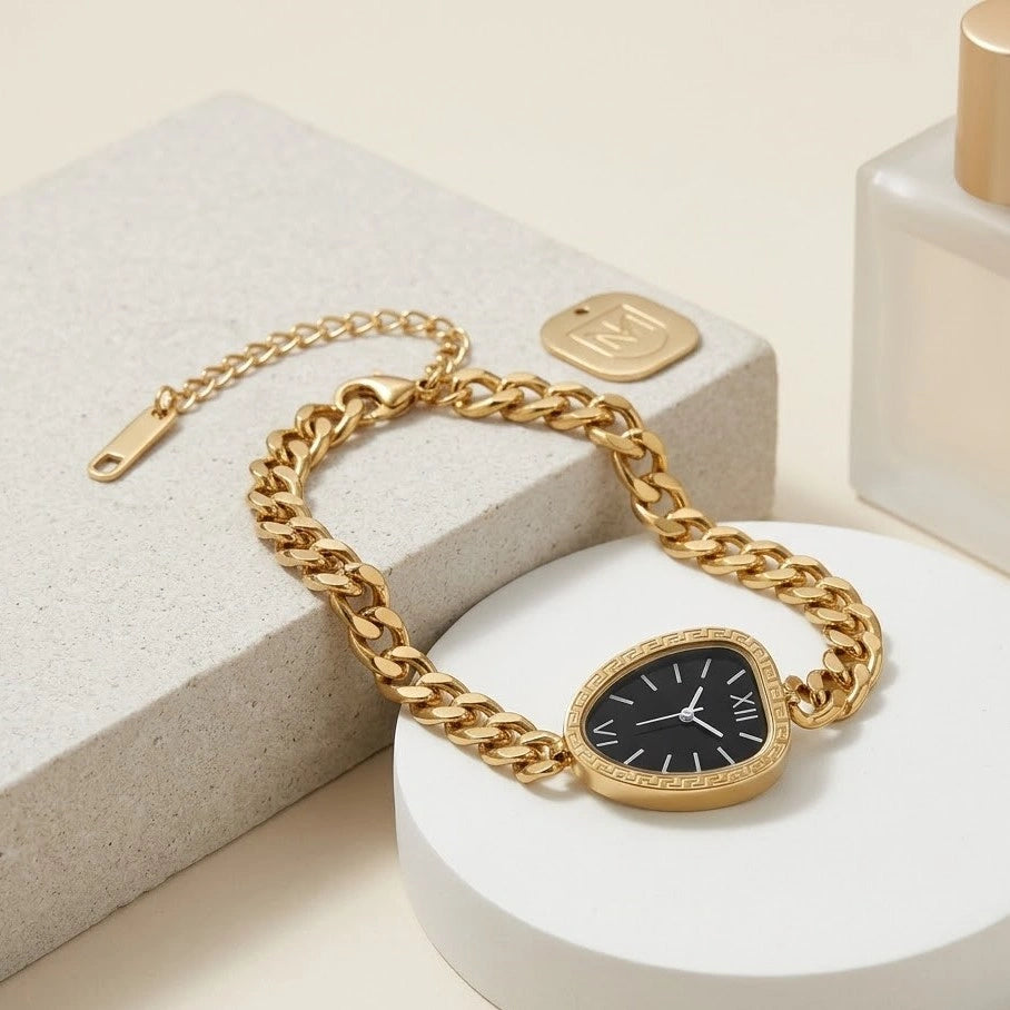 Vintage Black Dial Watch Bracelet - Anti-Tarnish Gold Plated Chunky Chain ( Dummy watch )