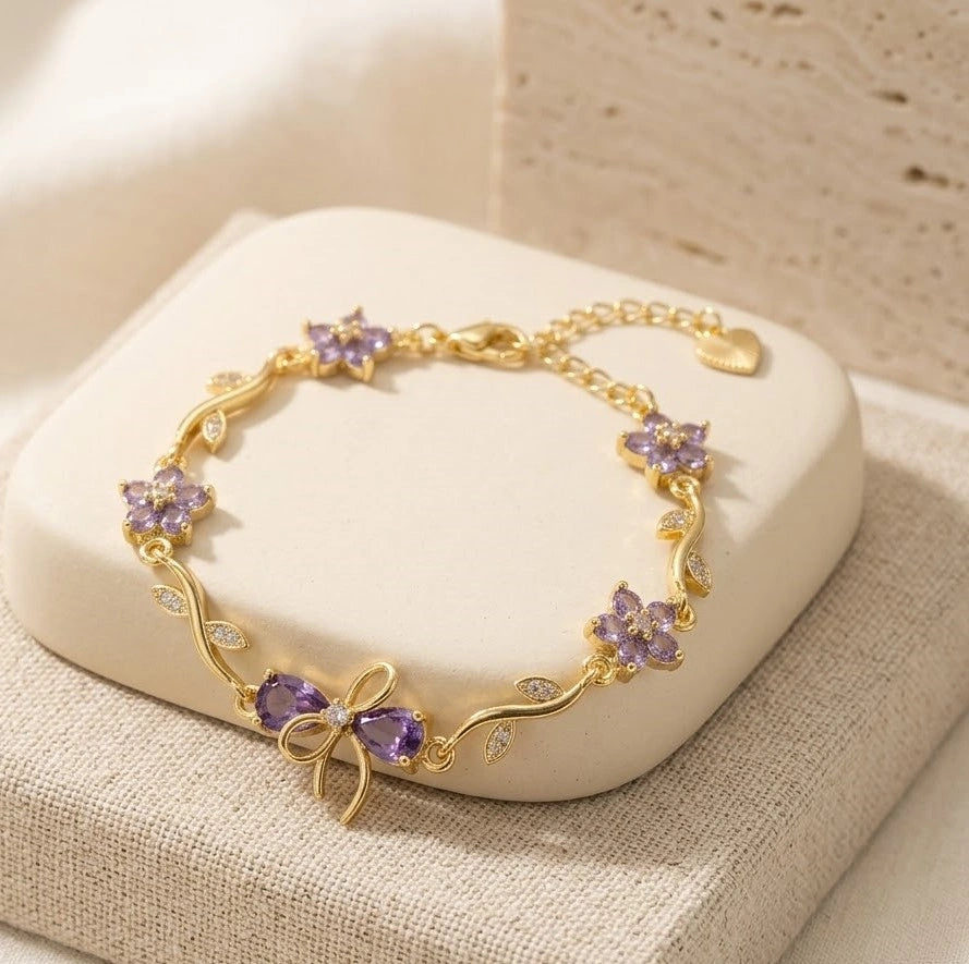 Purple Stone Bow & Floral Vine Bracelet - Anti-Tarnish Gold Plated