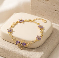 Purple Stone Bow & Floral Vine Bracelet - Anti-Tarnish Gold Plated