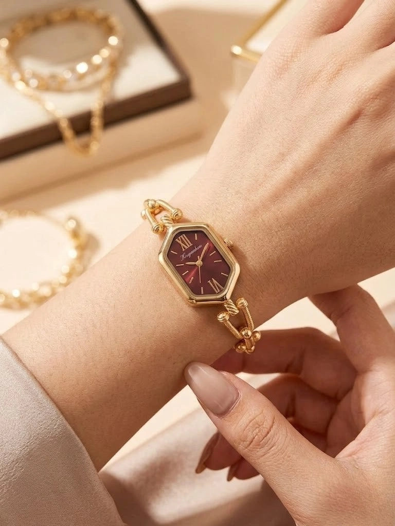 Retro Luxe Hexagon Anti-Tarnish Gold Plated Watch - Maroon Dial Edition