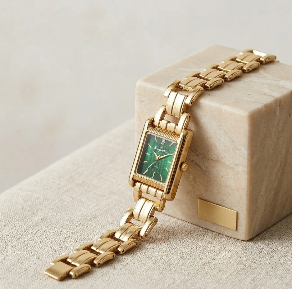 Emerald Green Minimalist Rectangular Anti-Tarnish Gold Plated Watch for Women